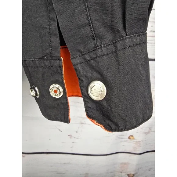 Harley Davidson Mens Large Black Orange Snap Front Utility Performance Shirt L - Picture 7 of 9